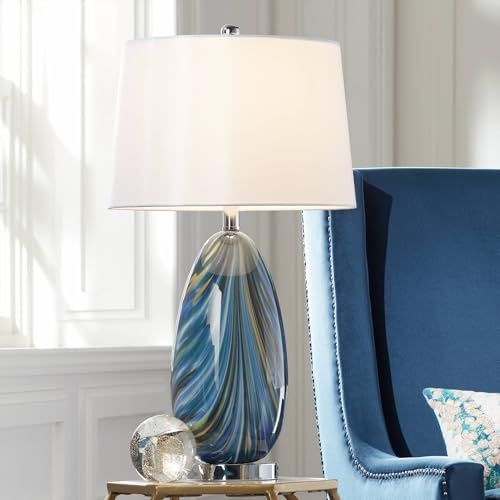 Possini Euro Design Pablo Modern Style Table Lamp with Dimmer and USB Charging Port 27 Tall Multi Blue Art Glass White Drum Shade for Living Room Bedroom House Bedside Nightstand (Color May Vary)