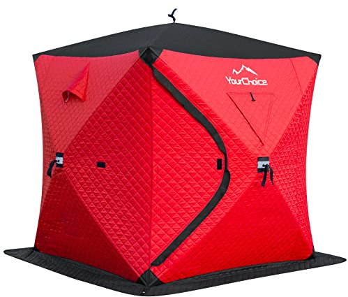 Your Choice Pop Up 3-4 Person Ice Fishing Shelter, Fully Insulated, Windproof and Warm, Function Upgrades Fishing Gear and Equipment - Color Red