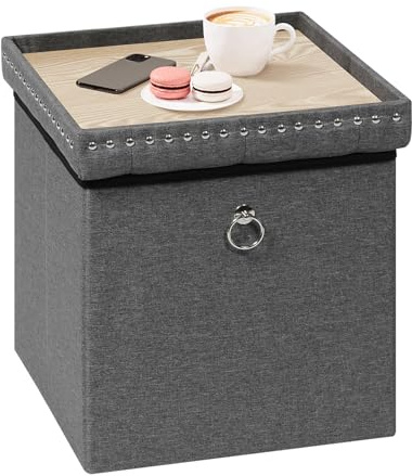 Bonlife Folding Ottoman Storage Cube,Toy Chest Box with Lid,Coffee Table with Tray,Footstool Seat for Living Room,Grey,Linen,40X40X40CM