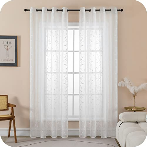 GIRASOLE HOME® Coppia Tende Filtranti in Simil Lino Fantasia Rampicanti Tenda per Interni 2 Pannelli con Occhielli (Bianco, 140x280cm)