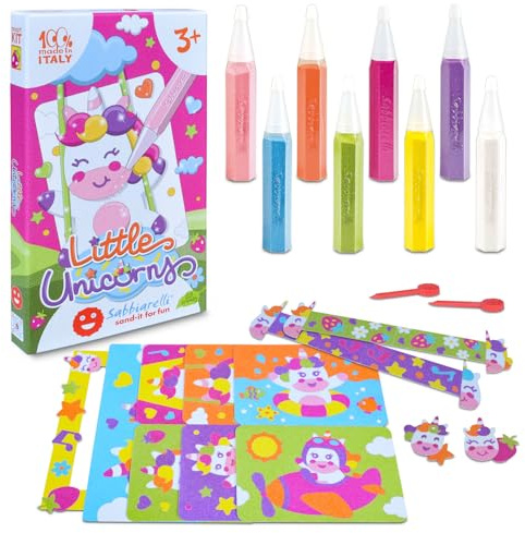 Sabbiarelli – Kit Little Unicorns 3+ | Sand Art-set med enhörningstema | Innehåller självhäftande motiv och kartongark, färgad sand och 2 lyftverktyg | 100% Made in Italy | barn 3-7 år