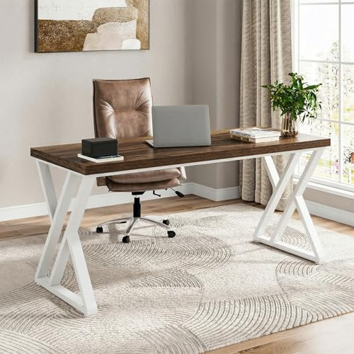 Tribesigns Modern Walnut/White 55 Heavy Duty Computer Desk, Study & Work Desk, 23.6D x 55.1W x 29.5H, Z-Shaped Metal Legs, 330 lbs Capacity
