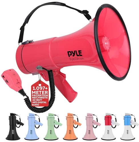 Pyle Mégaphone 50W-Haut-Parleur Portable avec Sirène Intégrée, Enregistrement, Bluetooth et AUX et Batterie Rechargeable, Mégaphone Porte-Voix avec Micro et Bandoulière