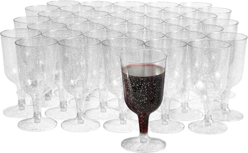 MATANA 50 Elegantes Copas de Vino de Plástico Duro Transparente con Brillo Plateado (180ml) - Resistentes y Reutilizables - Cumpleaños, Bodas, Navidad, Barbacoas, Fiestas