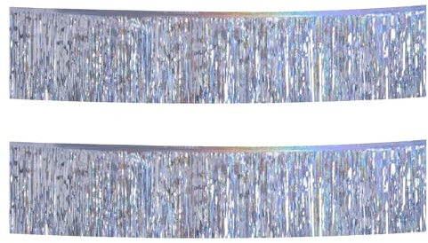 Lilbitty Lot de 2 guirlandes à franges argentées de 3 m de long, guirlande de bannières à franges, tenture murale, rideaux, arrière-plan, décorations de fête