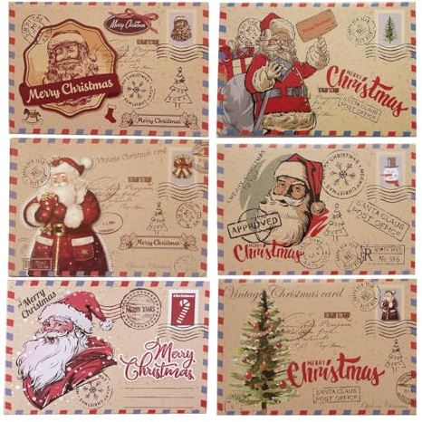 Rluobo Carte de voeux, 12 Pièces Noël Cartes de Vœux et Enveloppes avec 6 motifs de vintage, comprend 6 Carte + 6 enveloppes, Carte de Noël Vintage vierges