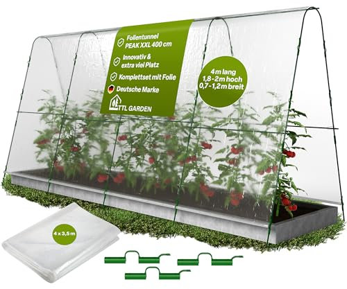 TTL Garden Peak XXL 400 Tunnel en film plastique et arche tunnel pour plantes de grande taille 2 m de haut, 1,20 m de large, 4 m de long, système d'arches en aluminium pour tomates et haricots