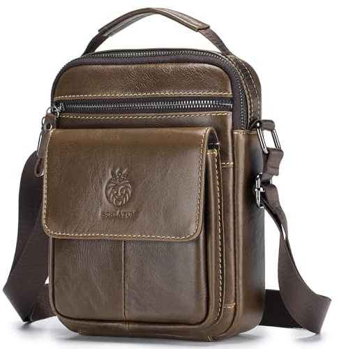 SCHLATUM Small Leather Messenger Bag for Men, Man Bag Crossbody, Men's Shoulder Bags Leather Man Purse Handbag, Coffee