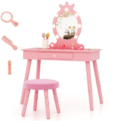 COSTWAY Sminkbord med belysning, 2-i-1 prinsesssminkbord med avtagbar spegel och låda, träsminkbord med pall, sminkbord för 3–7 år gamla flickor