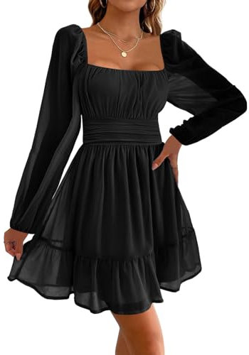 Imily Bela Damen Kleider Square Neck Partykleid Mesh Minikleid High Waist Falten Langarmkleid Hochzeitsgast mit Rüschen(Schwarz, S)