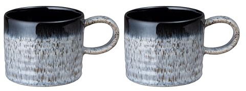 Denby - Halo Small Ridged Mug Set of 2-195ml Capacity - Reactive Glaze Stoneware Ceramic Tea Mug - Dishwasher Safe, Microwave Safe - Black, Grey, White - Chip Resistant