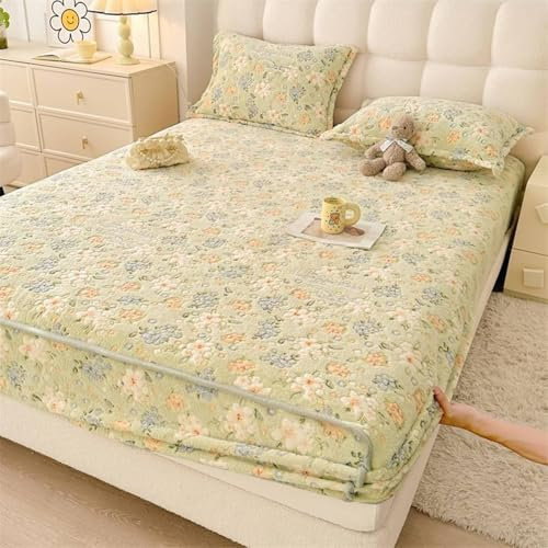 Mesnt Spannbetttücher Boxspringbett, 120x200cm Blumen Bettwaren Spannbettlaken mit 1 Kopfkissenbezug aus Samt Weich und Knitterfrei, Komfortabel, Lichtgrün