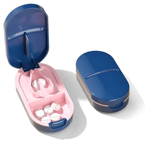 Tablettenteiler,Tragbarer Tablettenspalter,Tragbarer Pillenschneider mit Scharfen Klingen,2 IN 1 Tabletten Schneider & Aufbewahrungsfach und Klingen,für Reise & täglichen Gebrauch (Blau)