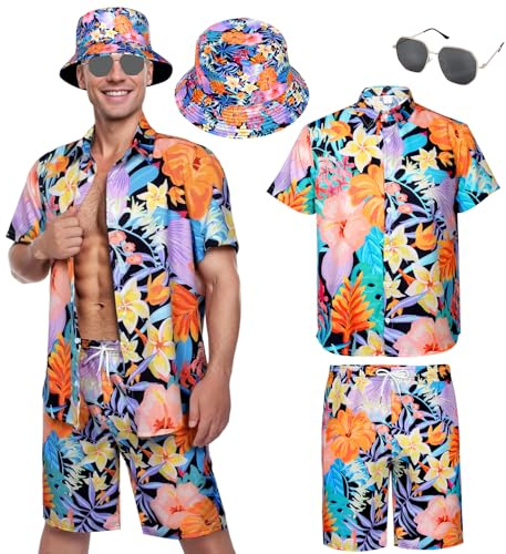 Moerstar Camicia Hawaiana Uomo, Camicia Fiori Hawaiana Set con Pantaloncini Cappello Occhiali Camicie Hawaiane Casual Camice Uomo Estive per Travestimenti, Feste Spiaggia (Stile 2, M)