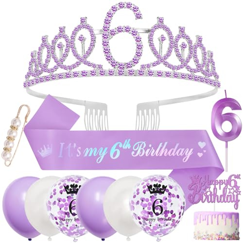 Décorations de 6e anniversaire, écharpe et diadème pour filles de 6 ans, couronne violette, ballons, décoration de gâteau, bougies, cadeaux pour filles de 6 ans