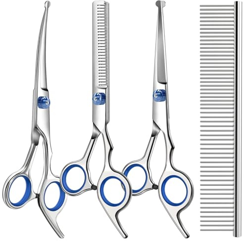Professional 4 in 1 Dog & Cat Grooming Scissors Kit with Safety Round Tips,Sharp & Durable,Dog Shears for Grooming - Includes Straight, Curved, Thinning Scissors and Comb - Premium Pet Supplies