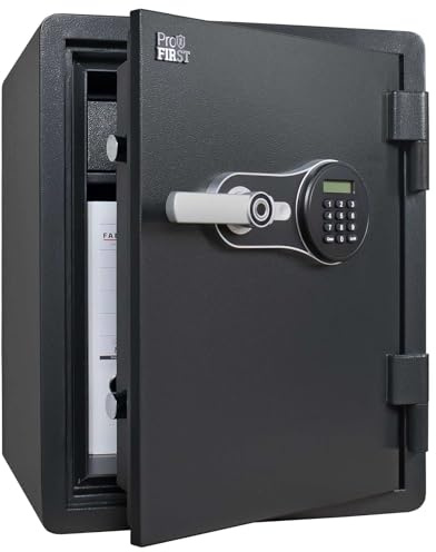 Profirst FireGuard 60 - Cassaforte antincendio, 60 minuti, in acciaio nero, chiusura elettronica con impronte digitali, apertura di emergenza, illuminazione a LED, ripiano regolabile, in plastica