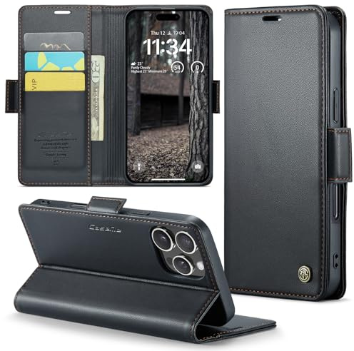 Rerzoiro fodral för iPhone 16 Pro, premium PU-läder telefonfodral med RFID-blockering, ställ, kortplats, magnetiskt skydd, flip bok plånboksfodral för iPhone 16 Pro, Svart