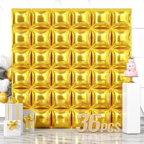 NISOCY 36PCS Gold Square Foil Balloons Wall Backdrop Metallic Double Sided Gold Balloons Tunnel Arch Kit for New Year Birthday Anniversary Graduation Party Decorations