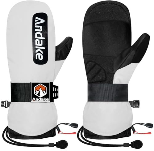 Andake Gants de Ski Mitaines d'hiver Chaudes Imperméables et Coupe-Vent pour Le Ski Le Snowboard Les Voyages la Randonnée et Les Sports d'hiver en Plein Air Blanc M
