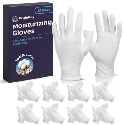 8 Pairs(16pcs) Cotton Gloves for Dry Hands Sleeping, White Gloves Women Moisturizing Gloves Overnight, 100% Cotton Eczema Gloves, Sleep Gloves & Lotion Gloves, L