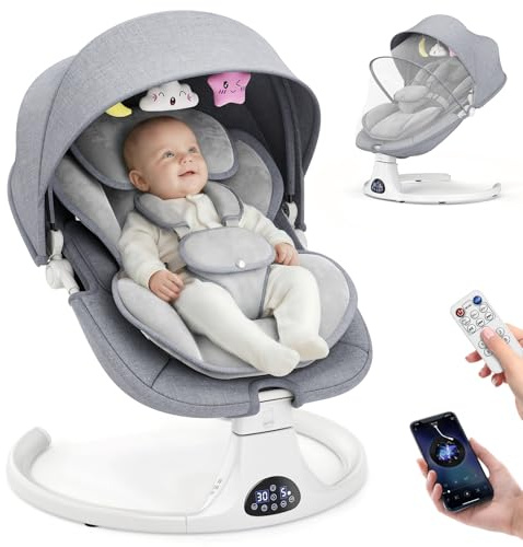 Babygunga för spädbarn till småbarn, elektrisk, nyfödd gunga, med 5-växlad 3-sitspositioner 5-punkts karbinhake, med Bluetooth-musik, 10-förinställda melodier, inomhus- och utomhusbruk