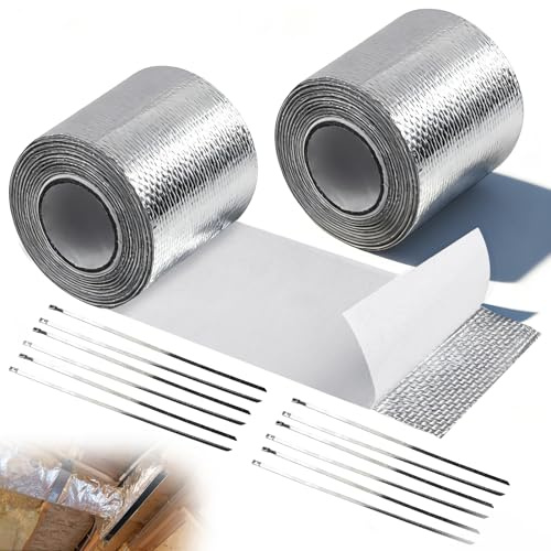 Lot de 2 bandes de protection thermique autocollantes en aluminium 5 m x 5 cm avec 12 serre-câbles pour tuyau d'échappement de voiture et moto