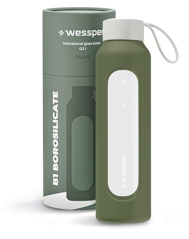 Wessper glasflaska med silikonhölje, borosilikatglasflaska med tidsangivelse 500 ml, sportflaska Perfekt för fitness, skolidrott, barn, BPA-fri drickmotivation- Olivgrön