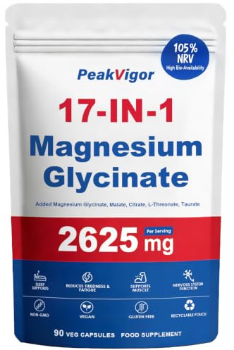 Magnesium Glycinate for Sleep 2625mg, 17-in-1 Complex Supplements as 800mg Glycinate, L-Threonate, Taurate, Citrate, Malate, High Absorption, Ease Swallow, High Strength, 105% DI, 90 Capsules