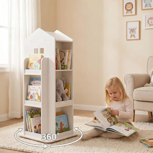 Kids Rotating Bookshelf, 360° Swivel Display Corner Book Shelf Organizer | 100x41x41cm, 10 Open Shelves, House Shape Free-Standing Bookcase Storage Rack for Small Space, Kids Room, Nursery