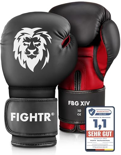 FIGHTR Gants de Boxe de qualité supérieure - Stabilité et Force de Frappe idéales - Gants de Boxe pour MMA, Muay Thai, Kickboxing et Arts Martiaux - avec Sac de Transport (Noir/Rouge, 12 oz)