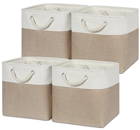 Temary Cube Storage Bins 11 x 11 Fabric Storage Baskets 4 Pack Storage Cubes Baskets for Gift Empty, Cube Organizer Bins Cloth Baskets for Storage Toy (White&Khaki)