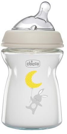 Chicco Natural Feeling Anti-Colic Bottle 0 Months + 250 ml Glass, Baby Bottle with Teat in Soft and Flexible Silicone, Suitable for Mixed Breastfeeding, Slow Flow, Neutral Colour