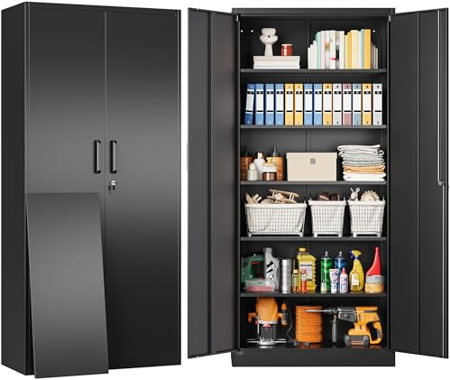 SISESOL Metal Storage Cabinet with 2 Doors and 6 Shelves,Black Metal Cabinet with Lock,71 Lockable Garage Storage Cabinets,Locking File Cabinet,Steel Tool Cabinets for Home,Office,Garage,Shop,School