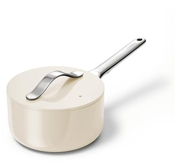 Caraway Nonstick Ceramic Sauce Pan with Lid (1.75 qt) - Non Toxic, PTFE & PFOA Free - Oven Safe & Compatible with All Stovetops (Gas, Electric & Induction) - Cream