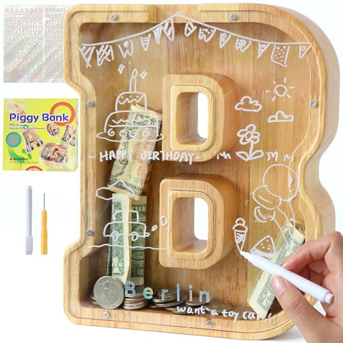 weallbuy Large Letter Piggy Bank for Kids Boys Girls Wooden Personalized Piggy Banks A-Z with Target Area Clear Alphabet Banknote Coin Banks for Gift Decoration Baptism (B)