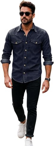 True Face Mens Denim Shirt 100% Cotton Multi Pocket Long Sleeve Casual Collared Button Down Washed Effect Shirts Top Navy XL
