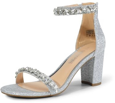 DREAM PAIRS Women's Bridal Sandals Glitter Ladies Mid Low Block Heels Ankle Strap Strappy Wedding Party Evening Prom Open Toe Shoes SDHS2440W,Size 7,Silver-Glitter,SDHS2440W