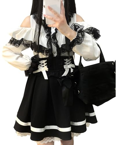 Cuteighteen Gonna Lolita Kawaii con Laccetti Mini Gonna da Donna Goth Tennis a Pieghe Gonna a Vita Alta Carino con Volant a Una Spalla Gonna da Scuola per Ragazze, Nero , Taglia unica