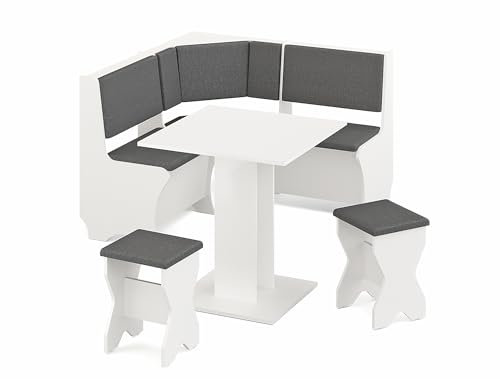 Rodnik Eckbankgruppe Ecuador grau-weiß, Essgruppe klein platzsparend, 4 TLG. Set: rechteckiger Tisch, Truhen-Eckbank, 2 Hocker