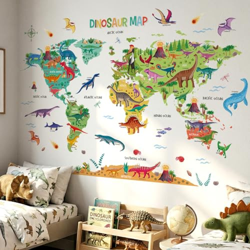 DECOWALL DL3-2415 dinosaurie världskarta väggtatuering (stor 151 x 106 cm) pedagogiska tecknade klistermärken avtagbara för barnrum sovrum lekrum heminredning konst för pojkar