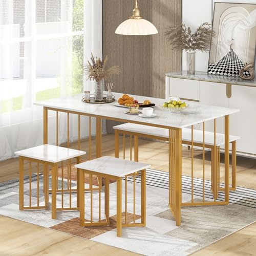 GIANTEX Matbord med bänk och 2 pall, köksbord med stolar, matgrupp med guldfärgade metallben, konstgjord marmor, modern matsalsgrupp, sittgrupp, matbord, set för 4 personer