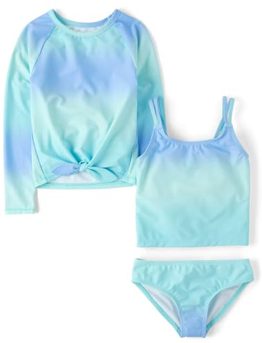 The Children's Place,Girls,Long Sleeve Rashguard and Tankini Swimsuit, 3 Piece Set,Seagrove Ombre,Small