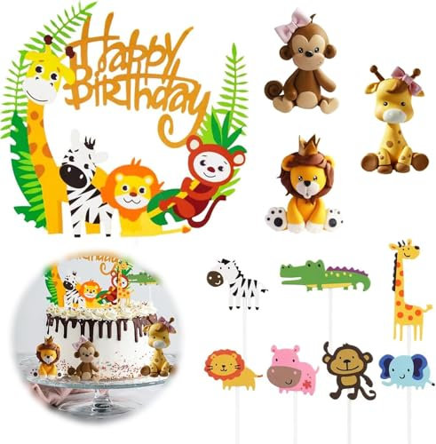 11PCS Décorations De Gâteaux Animaux, Jungle Cupcake Topper Decoration, Happy Birthday Gateau Anniversaire Jungle pour Fête D'anniversaire, Enfant Fille Garçon Anniversaire