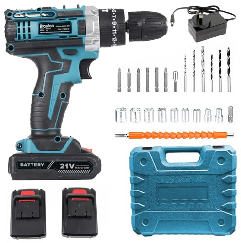 ikaufen Cordless Drill Driver, 21V Electric Drill Screwdriver Kit with 25+1 Torque, 2 Speed with 2 Batteries 1.5Ah, LED Light Cordless Combi for Home and Garden DIY Project (Blue 01)