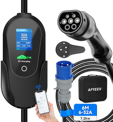 AFYEEV 7.2kW Cavo Ricarica Auto Elettrica Tipo 2 Schuko, 6M, 6/8/10/13/16/20/24/32A, Caricatore EV Tipo 2 Caricatore Mobile, Cavo di Ricarica Tipo 2, 32A IEC 62196-2, IP65