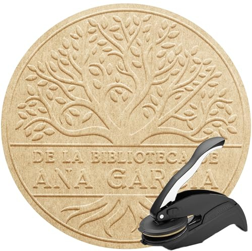 Stamp by Me – Sello para Libros en Relieve Personalizado | 5 Diseños Personalizables con Nombre | Embosador de Libros Ex Libris | Tamaño 10 x 10 cm | Diámetro de 40 mm | Marcador en Seco Elegante