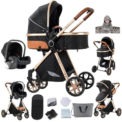 Veitoalioy Carrito Bebe 3 en 1, Portátil Cochecito Plegable, Carrito de Paisaje Alto Se puede empujar hacia adelante y hacia atrás, Cochecito de Bebé Conveniente y Multifuncional (V9 Black)