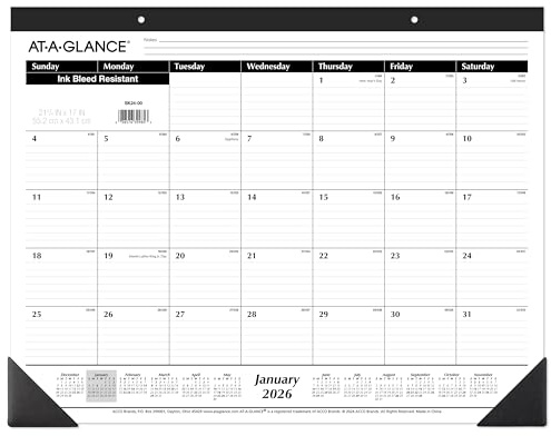 AT-A-GLANCE 2026 Desk Calendar, Monthly, Desk Pad, 21-3/4 x 17, Large, Ruled Blocks (SK240026), White