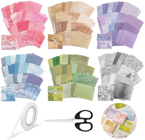 Annickee 600 Fogli Carta Scrapbooking, 8x8cm Carta Decorativa Vintage per Scrapbooking con Forbici e Nastro Biadesivo,Decorativa per Bricolage Accessori per Quaderno, Album Fai Da Te, Artigianato
